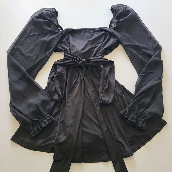 Lucy In The Sky Wrap Dress Medium Black Lexi Ruffle Balloon Sleeve Cocktail - Picture 11 of 12